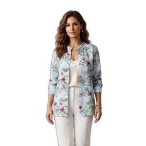 Cynthia Rowley 100% linen button front blouse amalfi print 1X 3/4 sleeve NWOT